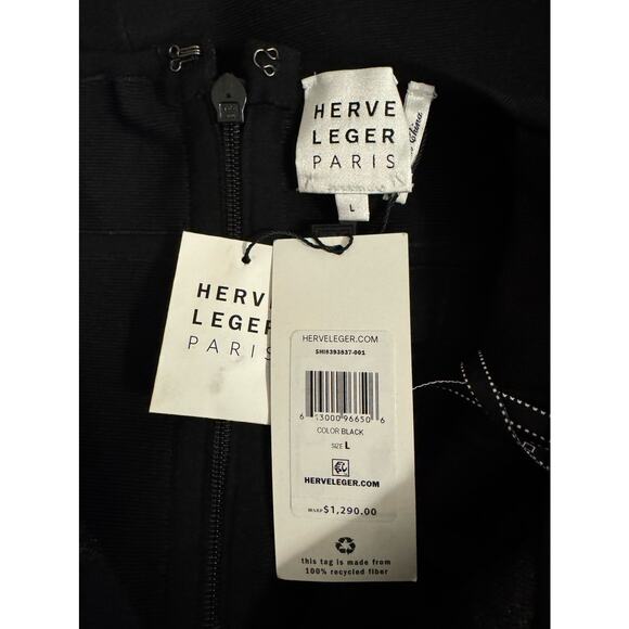 Herve Leger Mesh Sleeve Intarsia Bodycon Mini Dress Black Size L NWT Cocktail - Picture 7 of 8